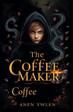 A captivating book cover for a novel titled 'The Coffee Maker', featuring a boy shrouded in mystery, searching for the girl who expertly brews coffee