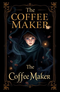 A captivating book cover for a novel titled 'The Coffee Maker', featuring a boy shrouded in mystery, searching for the girl who expertly brews coffee