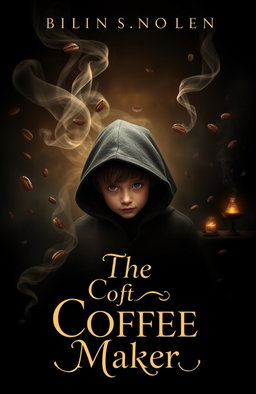 A captivating book cover for a novel titled 'The Coffee Maker', featuring a boy shrouded in mystery, searching for the girl who expertly brews coffee