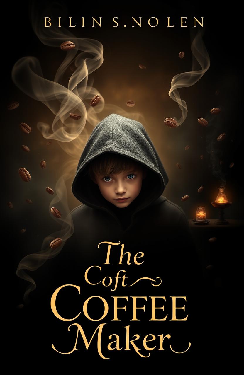 A captivating book cover for a novel titled 'The Coffee Maker', featuring a boy shrouded in mystery, searching for the girl who expertly brews coffee