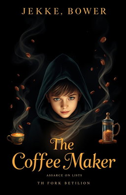 A captivating book cover for a novel titled 'The Coffee Maker', featuring a boy shrouded in mystery, searching for the girl who expertly brews coffee