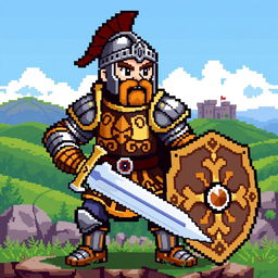 An 8-bit video game pixel art representation of a medieval warrior in an action-ready pose