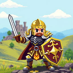 An 8-bit video game pixel art representation of a medieval warrior in an action-ready pose