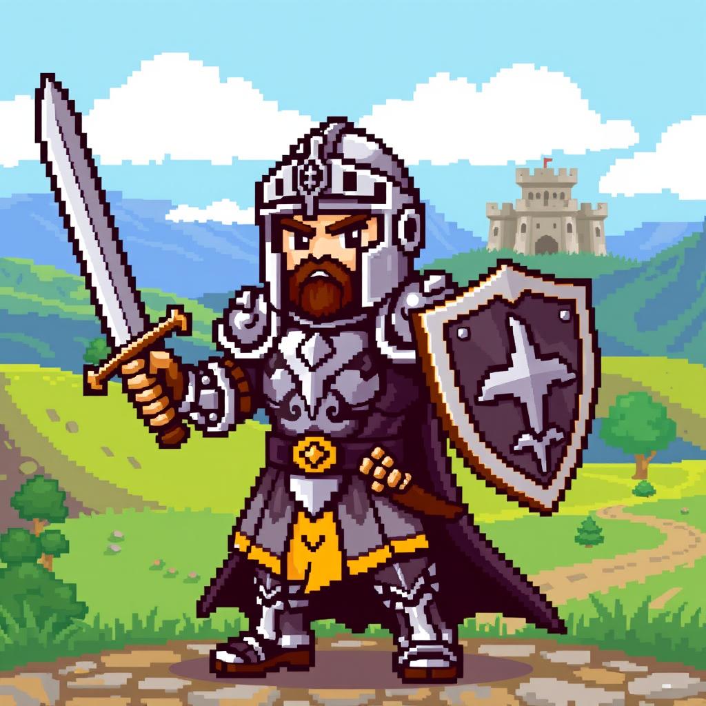 An 8-bit video game pixel art representation of a medieval warrior in an action-ready pose