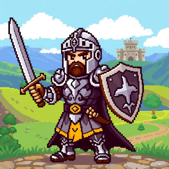 An 8-bit video game pixel art representation of a medieval warrior in an action-ready pose
