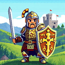 An 8-bit video game pixel art representation of a medieval warrior in an action-ready pose