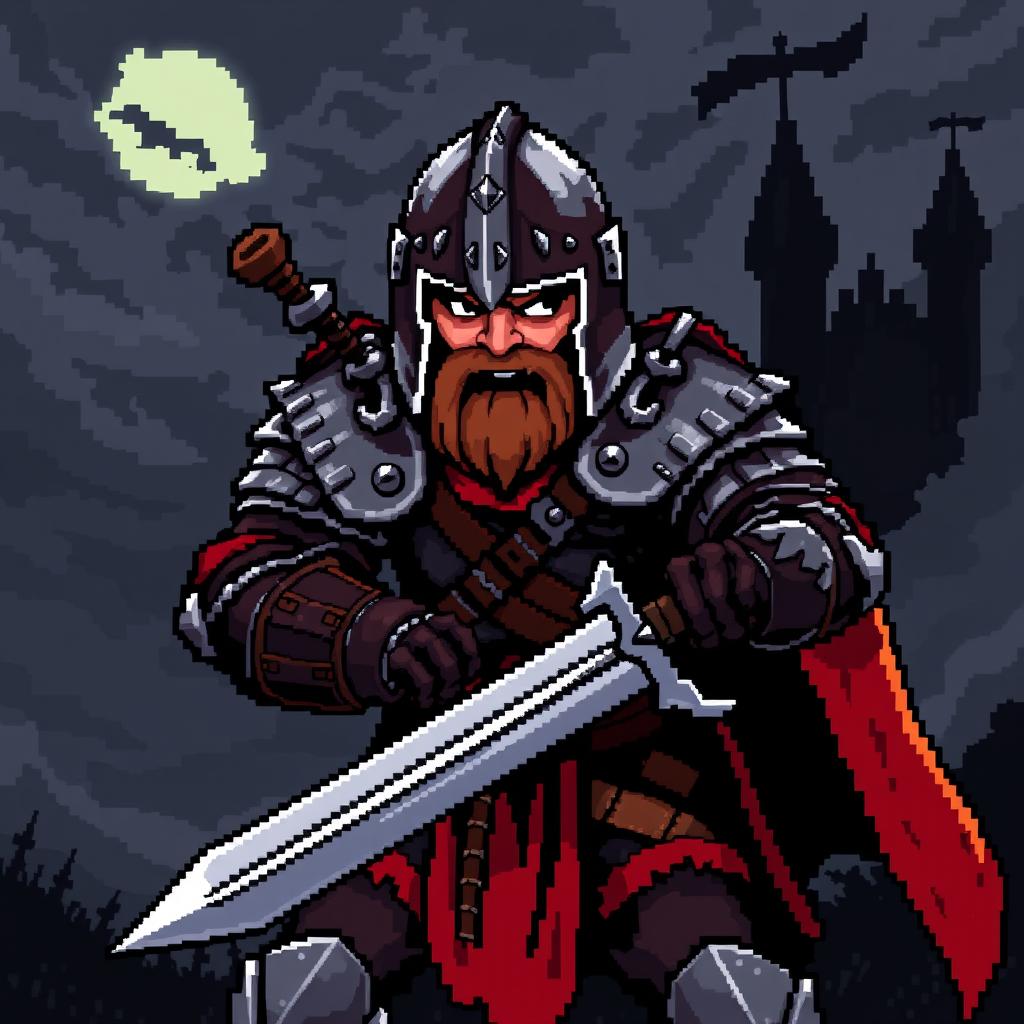 An 8-bit video game pixel art depiction of a medieval warrior, rendered in a fierce and determined style