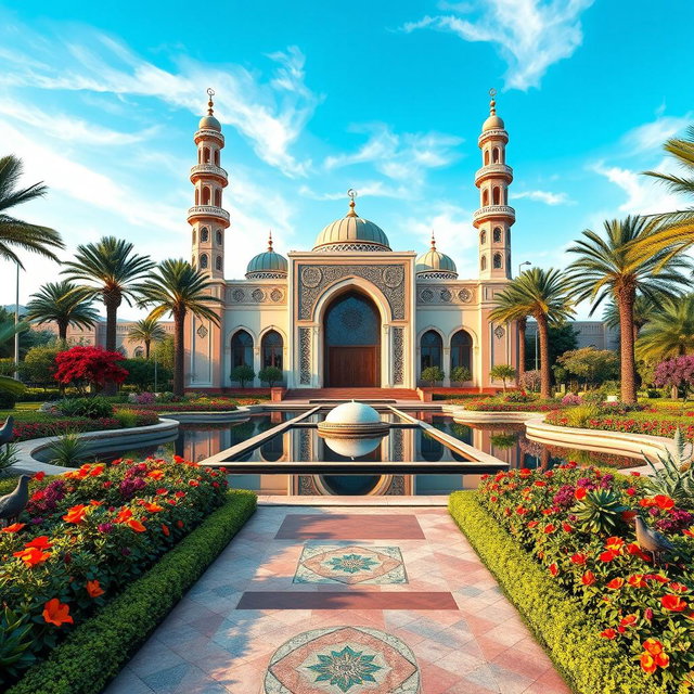 A stunning landscape for an Islamic art museum project, featuring beautifully designed architecture inspired by traditional Islamic motifs, elegant minarets, and intricate geometric patterns on the museum facade