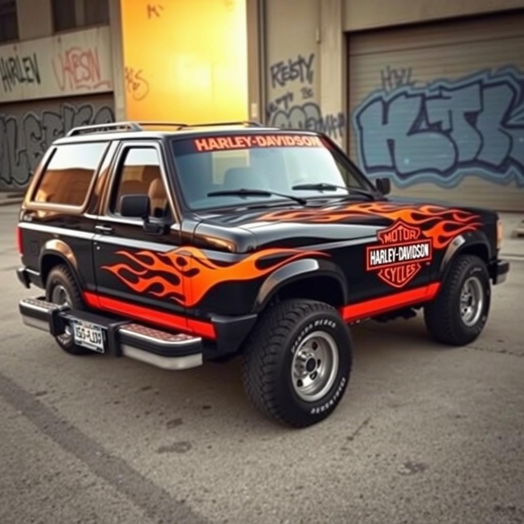 A vintage 1994 Ford Explorer customized with striking Harley-Davidson graphics