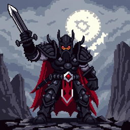 An 8-bit video game pixelated representation of a medieval warrior, designed with a fierce and intimidating style