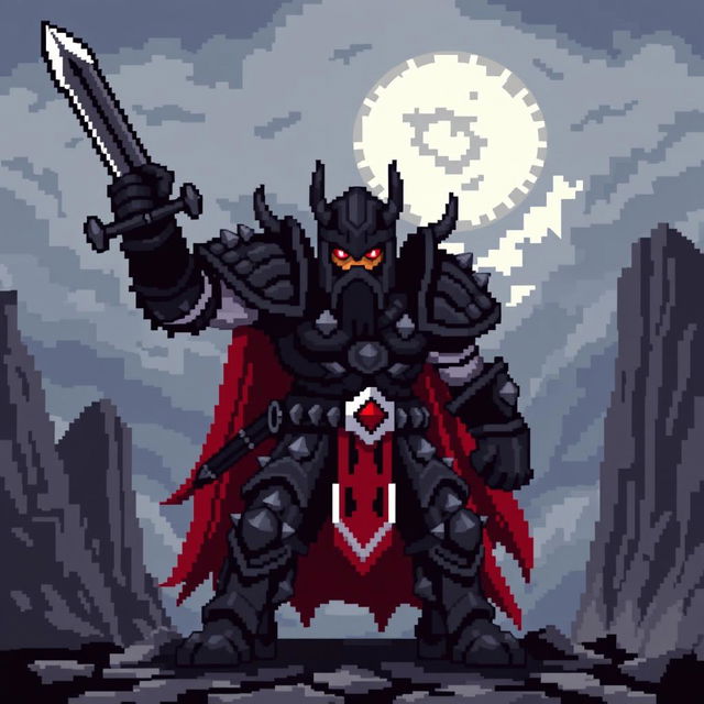 An 8-bit video game pixelated representation of a medieval warrior, designed with a fierce and intimidating style