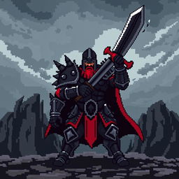 An 8-bit video game pixelated representation of a medieval warrior, designed with a fierce and intimidating style