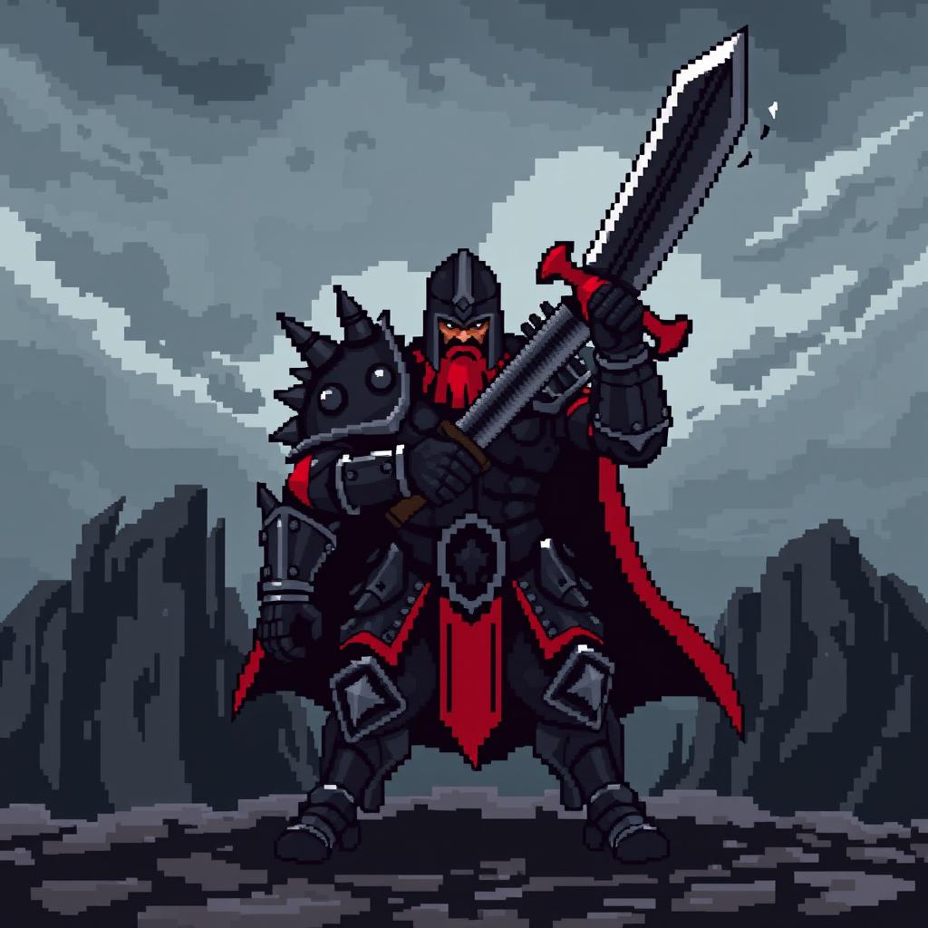 An 8-bit video game pixelated representation of a medieval warrior, designed with a fierce and intimidating style