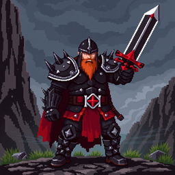 An 8-bit video game pixelated representation of a medieval warrior, designed with a fierce and intimidating style