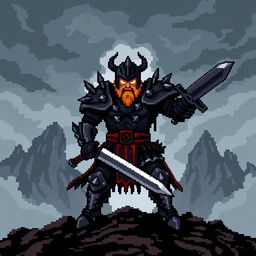 An 8-bit video game pixelated representation of a medieval warrior, designed with a fierce and intimidating style