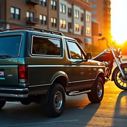 A vintage 1994 Ford Explorer parked in front of a classic Harley Davidson motorcycle, showcasing their rugged design