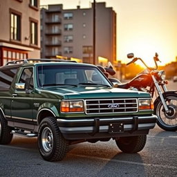 A vintage 1994 Ford Explorer parked in front of a classic Harley Davidson motorcycle, showcasing their rugged design