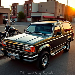 A vintage 1994 Ford Explorer parked in front of a classic Harley Davidson motorcycle, showcasing their rugged design