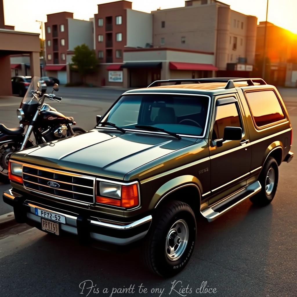 A vintage 1994 Ford Explorer parked in front of a classic Harley Davidson motorcycle, showcasing their rugged design