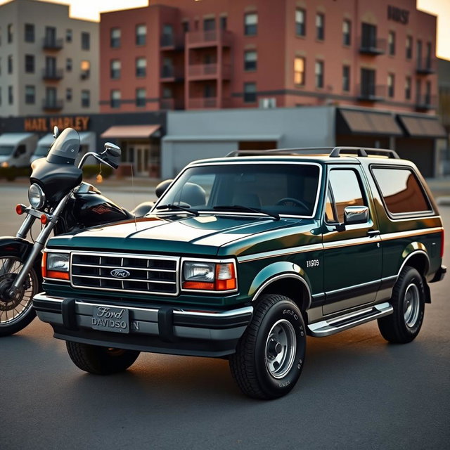A vintage 1994 Ford Explorer parked in front of a classic Harley Davidson motorcycle, showcasing their rugged design