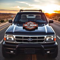 A rugged 1994 Ford Explorer customized with distinct Harley Davidson emblem prominently displayed on the hood