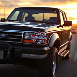 A rugged 1994 Ford Explorer customized with distinct Harley Davidson emblem prominently displayed on the hood