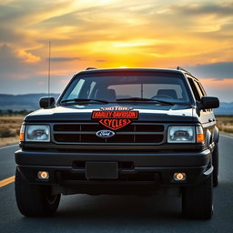 A rugged 1994 Ford Explorer customized with distinct Harley Davidson emblem prominently displayed on the hood
