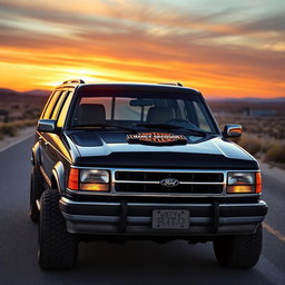 A rugged 1994 Ford Explorer customized with distinct Harley Davidson emblem prominently displayed on the hood