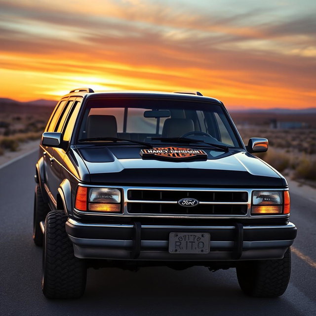 A rugged 1994 Ford Explorer customized with distinct Harley Davidson emblem prominently displayed on the hood