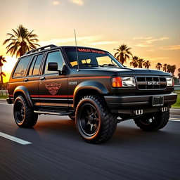 A Ford Explorer 1994 designed in Harley Davidson style, featuring a sleek and edgy look