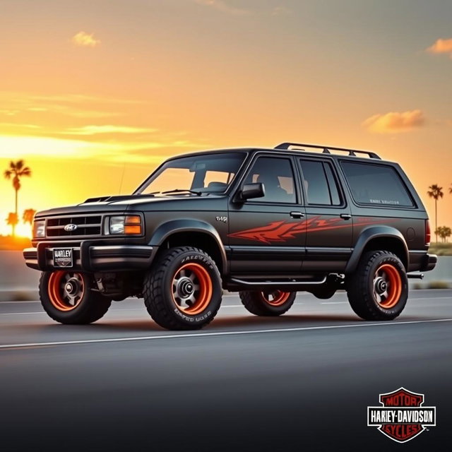 A Ford Explorer 1994 designed in Harley Davidson style, featuring a sleek and edgy look