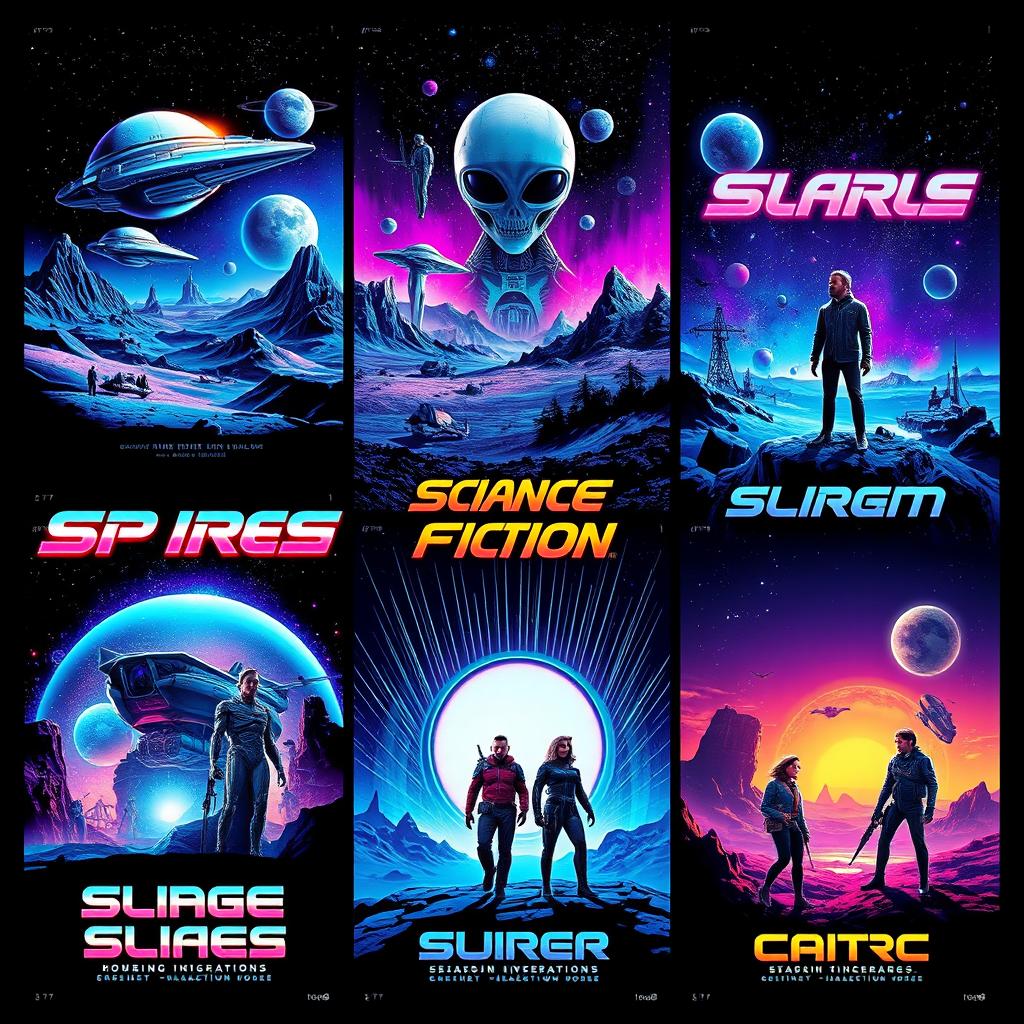 A vibrant and imaginative collection of science fiction movie posters, showcasing a variety of futuristic elements