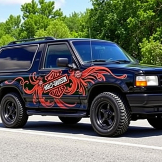 A fully black 1994 Ford Explorer adorned with intricate Harley Davidson designs