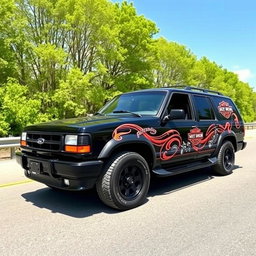 A fully black 1994 Ford Explorer adorned with intricate Harley Davidson designs