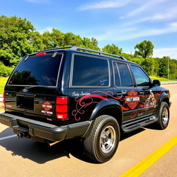 A fully black 1994 Ford Explorer adorned with intricate Harley Davidson designs
