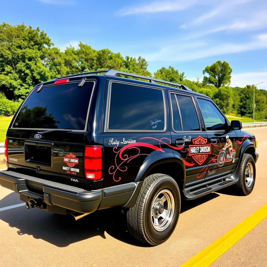 A fully black 1994 Ford Explorer adorned with intricate Harley Davidson designs
