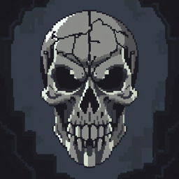 An 8-bit video game pixelated representation of a medieval skull, designed with a dark and menacing style