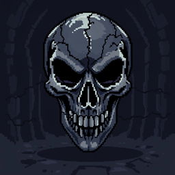 An 8-bit video game pixelated representation of a medieval skull, designed with a dark and menacing style