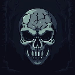 An 8-bit video game pixelated representation of a medieval skull, designed with a dark and menacing style