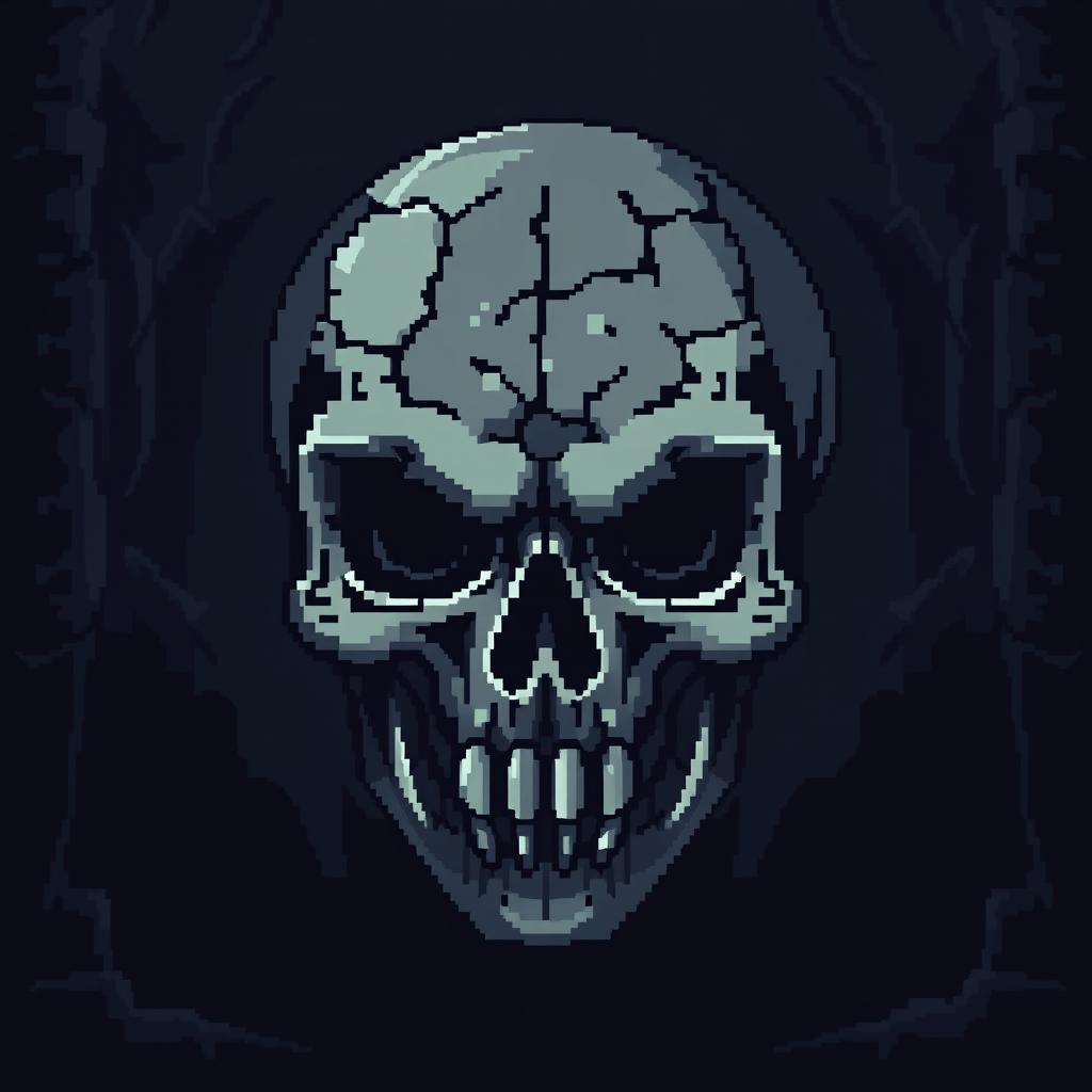 An 8-bit video game pixelated representation of a medieval skull, designed with a dark and menacing style
