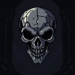 An 8-bit video game pixelated representation of a medieval skull, designed with a dark and menacing style