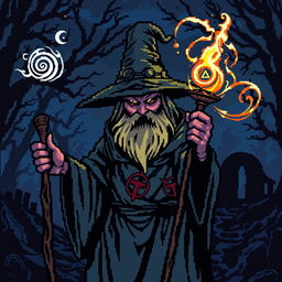An 8-bit video game pixelated representation of a medieval wizard, illustrated in a dark and ominous style
