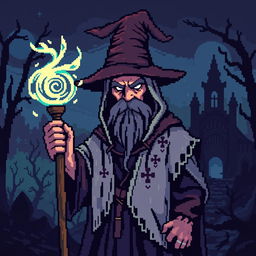 An 8-bit video game pixelated representation of a medieval wizard, illustrated in a dark and ominous style