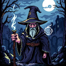 An 8-bit video game pixelated representation of a medieval wizard, illustrated in a dark and ominous style