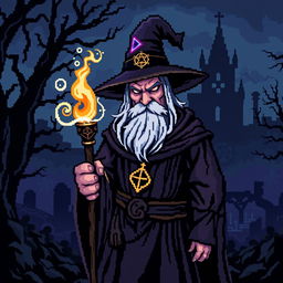 An 8-bit video game pixelated representation of a medieval wizard, illustrated in a dark and ominous style