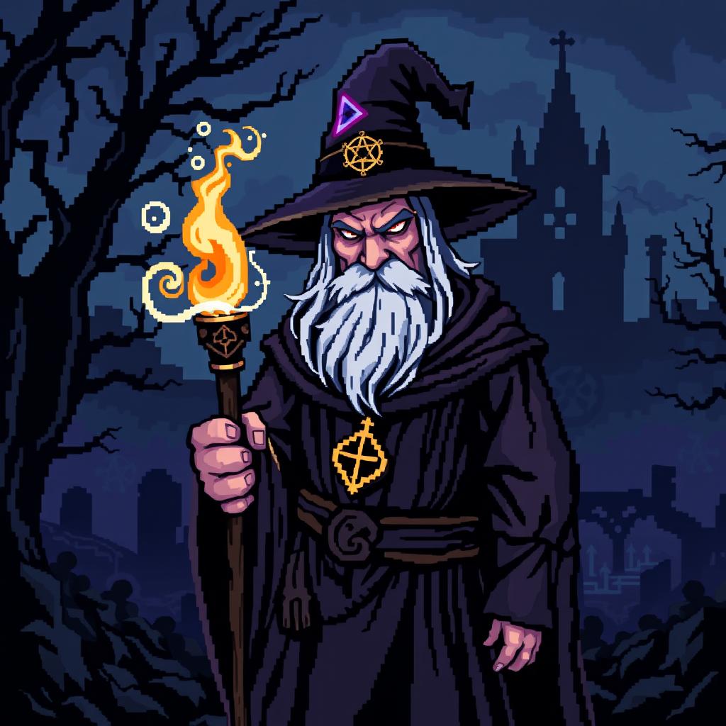 An 8-bit video game pixelated representation of a medieval wizard, illustrated in a dark and ominous style