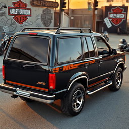 A detailed image of a 1994 Ford Explorer entirely black, showcasing its sleek lines and classic design