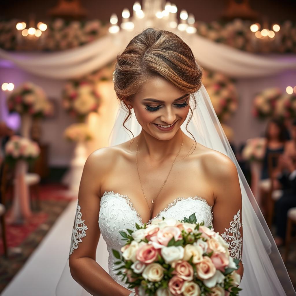 A bride in a stunning wedding gown, tears glistening in her eyes, with a backdrop of a beautifully decorated wedding venue filled with flowers and soft lighting