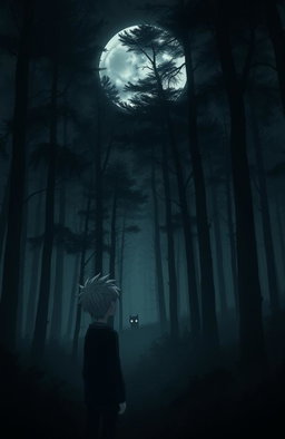 A very dark and eerie anime forest filled with tall, shadowy trees and dense mist