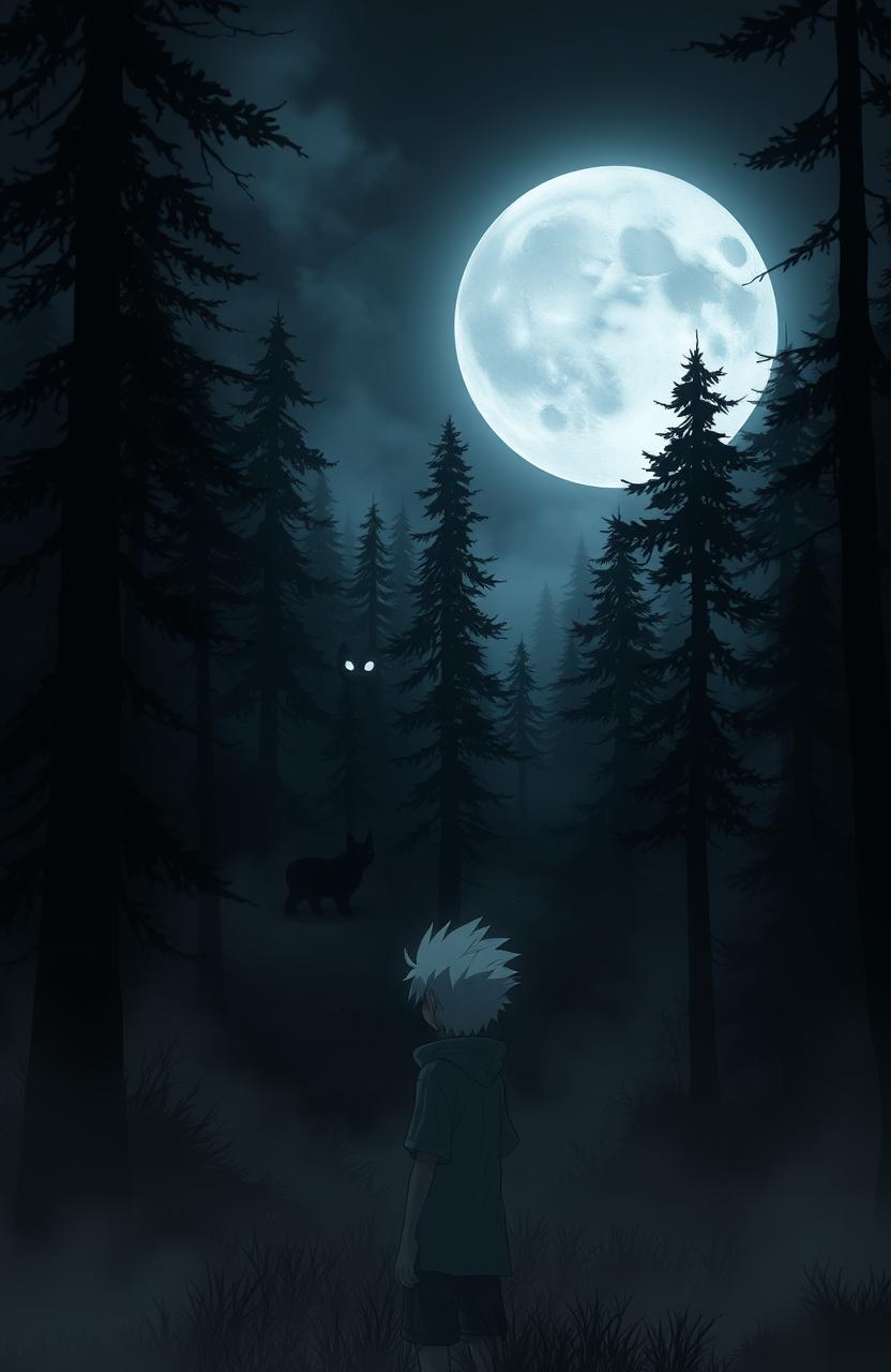 A very dark and eerie anime forest filled with tall, shadowy trees and dense mist